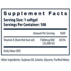 Supplement facts label for a product with vitamin A content on a white background