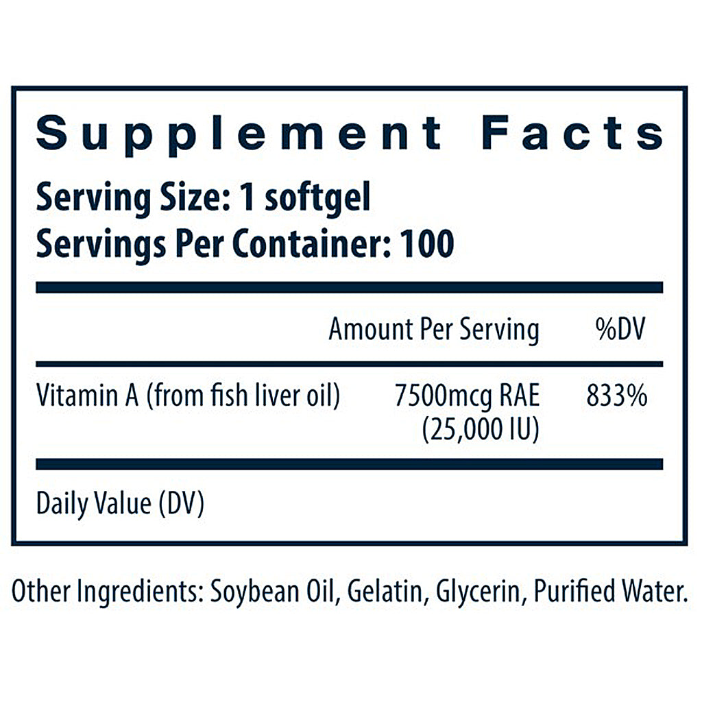 Supplement facts label for a product with vitamin A content on a white background