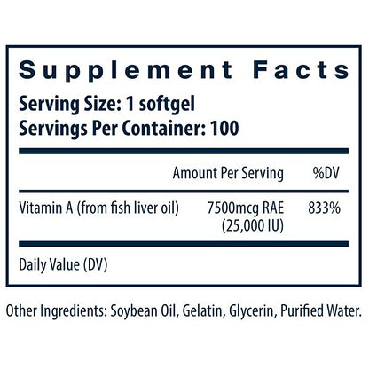Supplement facts label for a product with vitamin A content on a white background