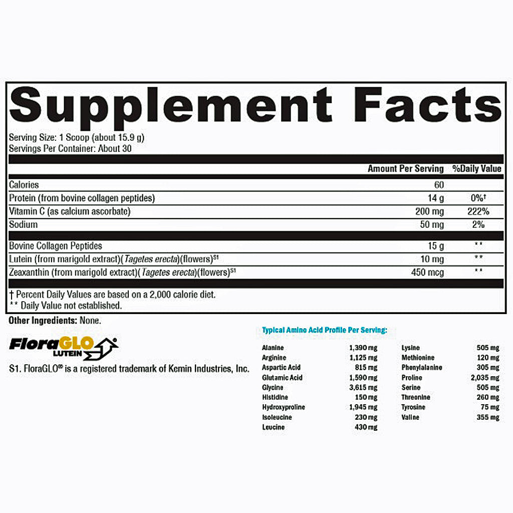 A Supplement Facts label for FlorGLO Luminous, showing serving size, calories, and a table of nutrients including Bovine Collagen Peptides, Acetic Acid, and Glucanic Acid. The brand FlorGLO Luminous is visible at the bottom left.