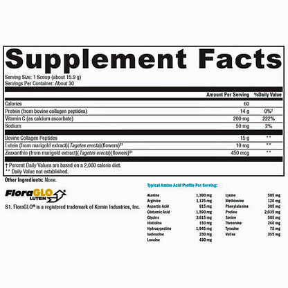 A Supplement Facts label for FlorGLO Luminous, showing serving size, calories, and a table of nutrients including Bovine Collagen Peptides, Acetic Acid, and Glucanic Acid. The brand FlorGLO Luminous is visible at the bottom left.