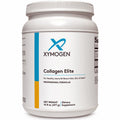 A white plastic tub of Xymogen Collagen Elite dietary supplement, featuring a white label with blue and yellow accents.