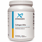 A white plastic tub of Xymogen Collagen Elite dietary supplement, featuring a white label with blue and yellow accents.