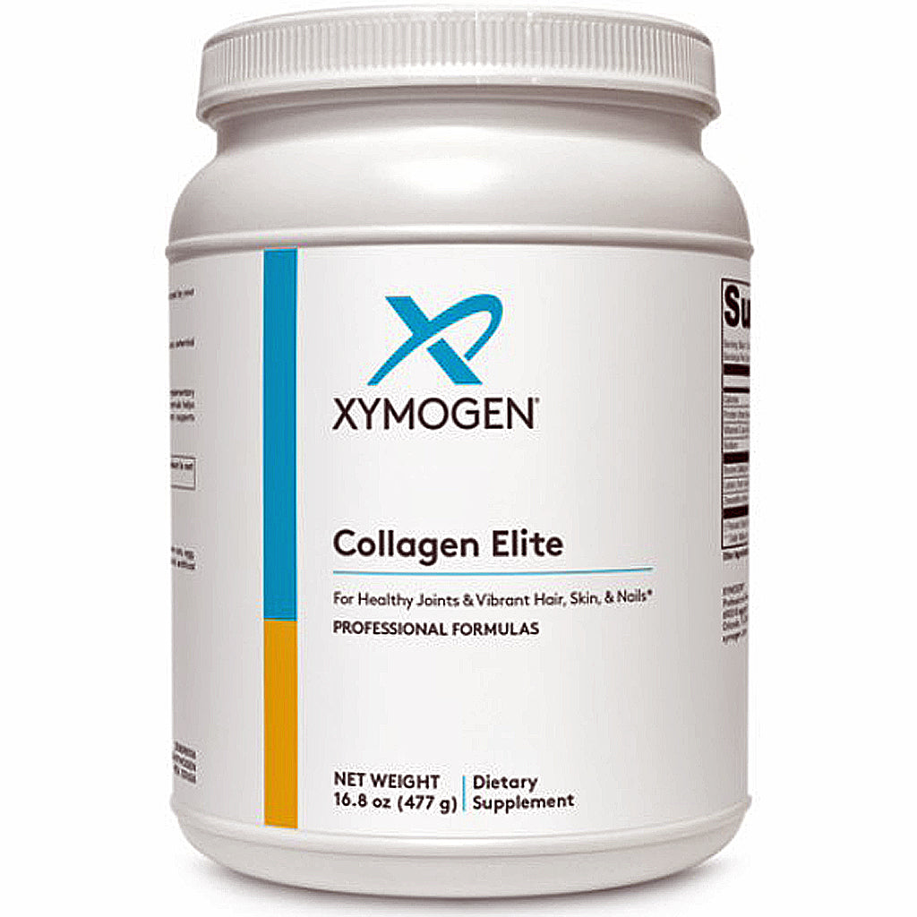 A white plastic tub of Xymogen Collagen Elite dietary supplement, featuring a white label with blue and yellow accents.