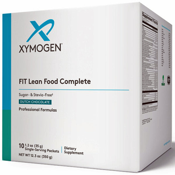 A white box of Xymogen Fit Lean Food Complete in Dutch Chocolate flavor, showing the front and side panels of the packaging.