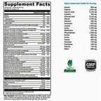 A supplement facts label for VegaPro protein powder, showing a detailed amino acid profile per serving on the right side and the supplement facts table on the left. The label includes a green 'VegaPro' logo and a 'GMP Certified' seal.