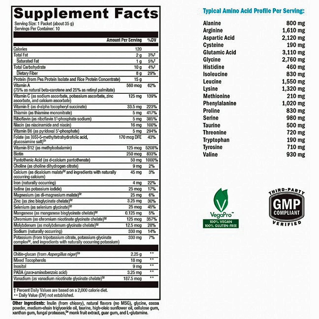 A supplement facts label for VegaPro protein powder, showing a detailed amino acid profile per serving on the right side and the supplement facts table on the left. The label includes a green 'VegaPro' logo and a 'GMP Certified' seal.
