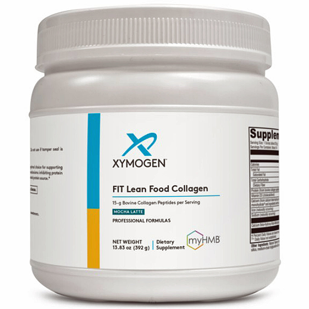 A white plastic tub of XymoGen Fit Lean Food Collagen powder with a white label featuring blue and yellow accents, on a white background.