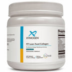 A white plastic tub of XymoGen Fit Lean Food Collagen powder with a white label featuring blue and yellow accents, on a white background.