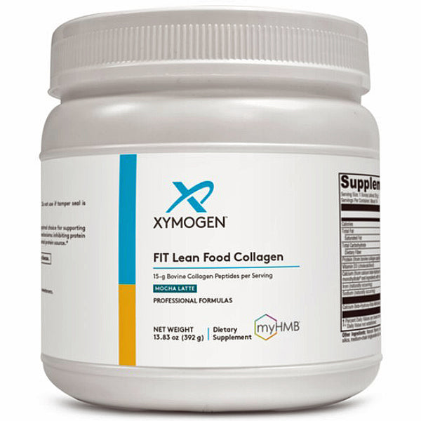 A white plastic tub of XymoGen Fit Lean Food Collagen powder with a white label featuring blue and yellow accents, on a white background.