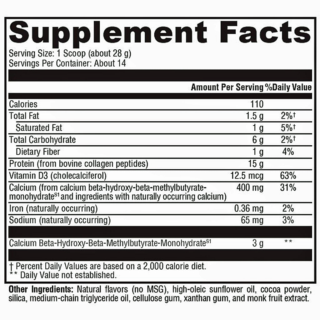 A Supplement Facts nutrition label showing serving size, calories, total fat, carbohydrates, protein, vitamins, minerals, and other ingredients in a black-and-white table format.