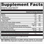 A Supplement Facts nutrition label showing serving size, calories, total fat, carbohydrates, protein, vitamins, minerals, and other ingredients in a black-and-white table format.