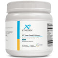 A white plastic tub of Xymogen Fit Lean Food Collagen dietary supplement, vanilla flavor, with a white label featuring blue and yellow accents.