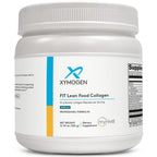 A white plastic tub of Xymogen Fit Lean Food Collagen dietary supplement, vanilla flavor, with a white label featuring blue and yellow accents.