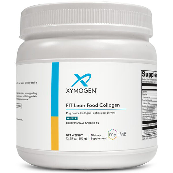 A white plastic tub of Xymogen Fit Lean Food Collagen dietary supplement, vanilla flavor, with a white label featuring blue and yellow accents.
