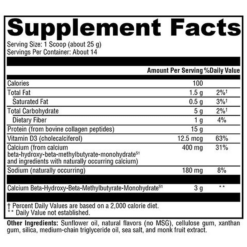 A Supplement Facts nutrition label showing a daily value table for a bovine collagen supplement, with serving size 1 scoop (about 25 g) and other ingredients listed at the bottom.