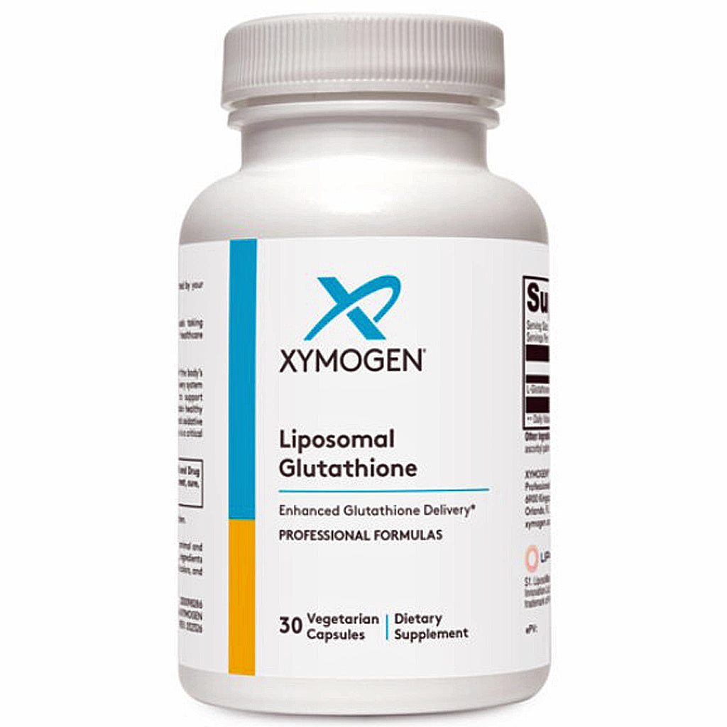 A white bottle of Xymogen Liposomal Glutathione dietary supplement with a white cap, featuring a white label with blue and yellow accents.