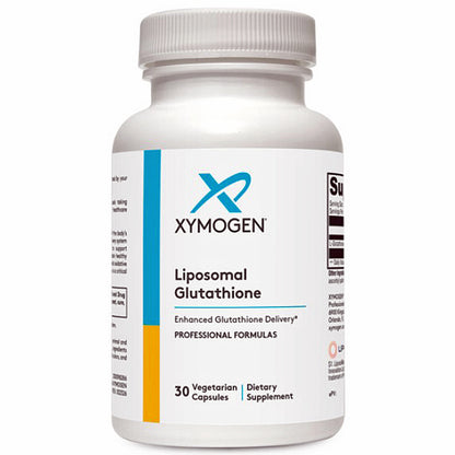 A white bottle of Xymogen Liposomal Glutathione dietary supplement with a white cap, featuring a white label with blue and yellow accents.