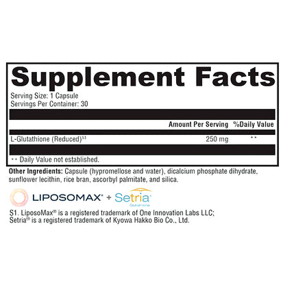 A Supplement Facts label from a dietary supplement bottle, showing serving size, daily value information for L-Glutathione (Reduced) at 250 mg, and other ingredients. Brand logos for Liposomax and Setria are visible at the bottom on a white background.