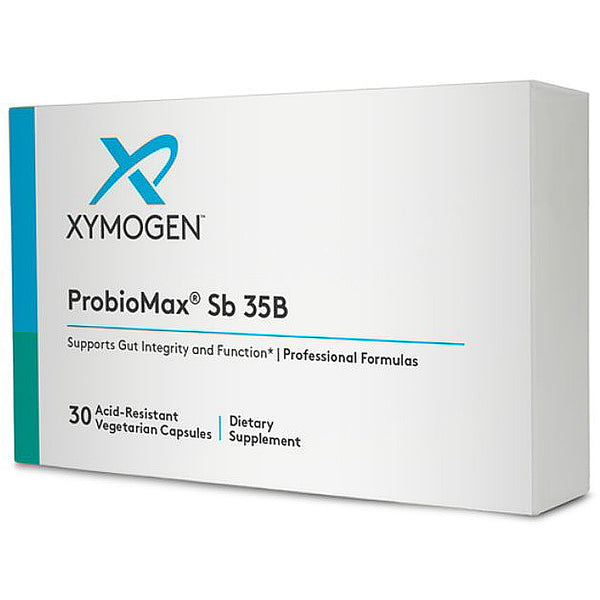 Xymogen ProbioMax Sb 35B dietary supplement box on a white background
