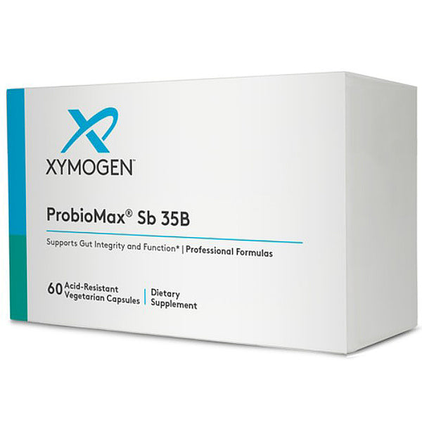 Xymogen Probiomax Sb 35B dietary supplement box on a white background