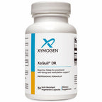 A white plastic bottle of Xymogen XaQuil DR dietary supplement with a white label featuring blue and yellow accents, on a plain white background.