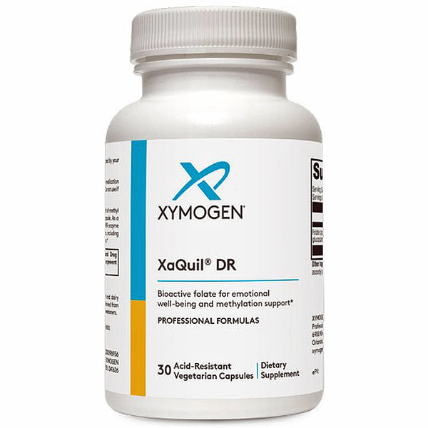 A white plastic bottle of Xymogen XaQuil DR dietary supplement with a white label featuring blue and yellow accents, on a plain white background.