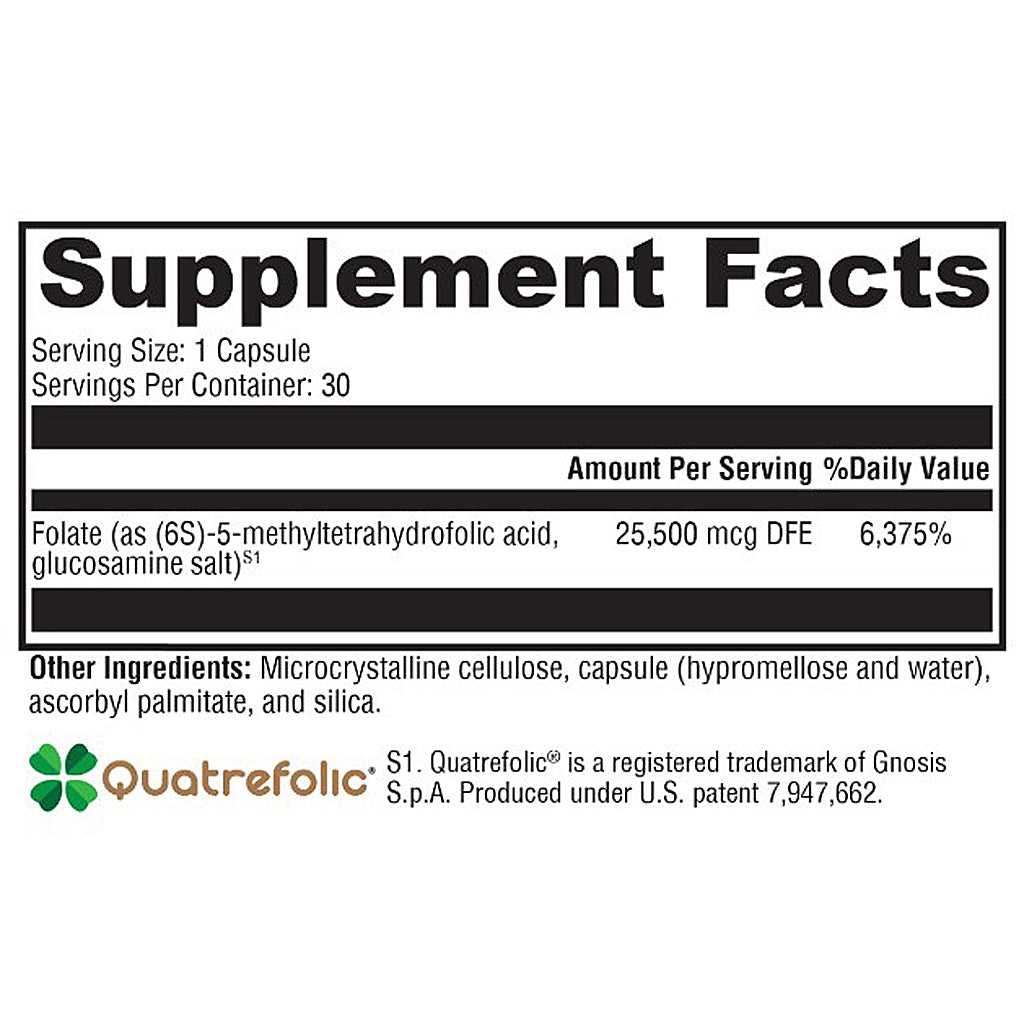 A supplement facts label for Quatrefolic, showing serving size, servings per container, and listed ingredients with dosage information on a white background.