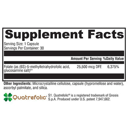 A supplement facts label for Quatrefolic, showing serving size, servings per container, and listed ingredients with dosage information on a white background.