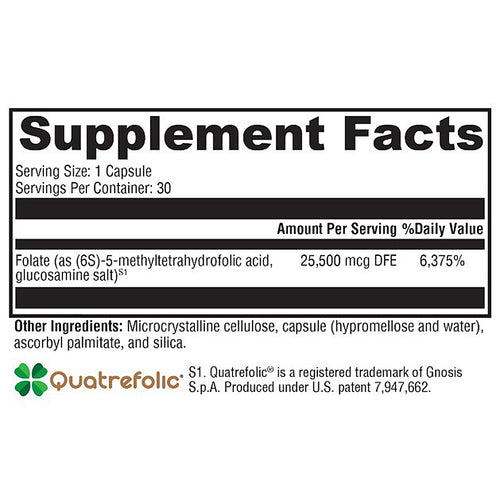 A supplement facts label for Quatrefolic, showing serving size, servings per container, and listed ingredients with dosage information on a white background.
