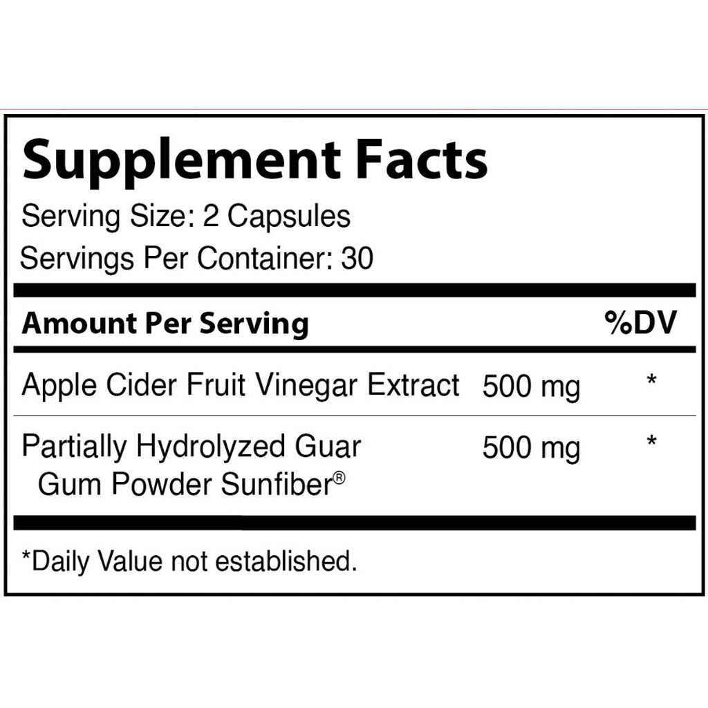 Supplement facts label for a product with Apple Cider Fruit Vinegar Extract and Guar Gum Powder Sunfiber.