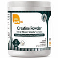 A white plastic tub of Zahler Creatine Powder dietary supplement, featuring a white and dark green label with orange and black text.