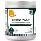 A white plastic tub of Zahler Creatine Powder dietary supplement, featuring a white and dark green label with orange and black text.