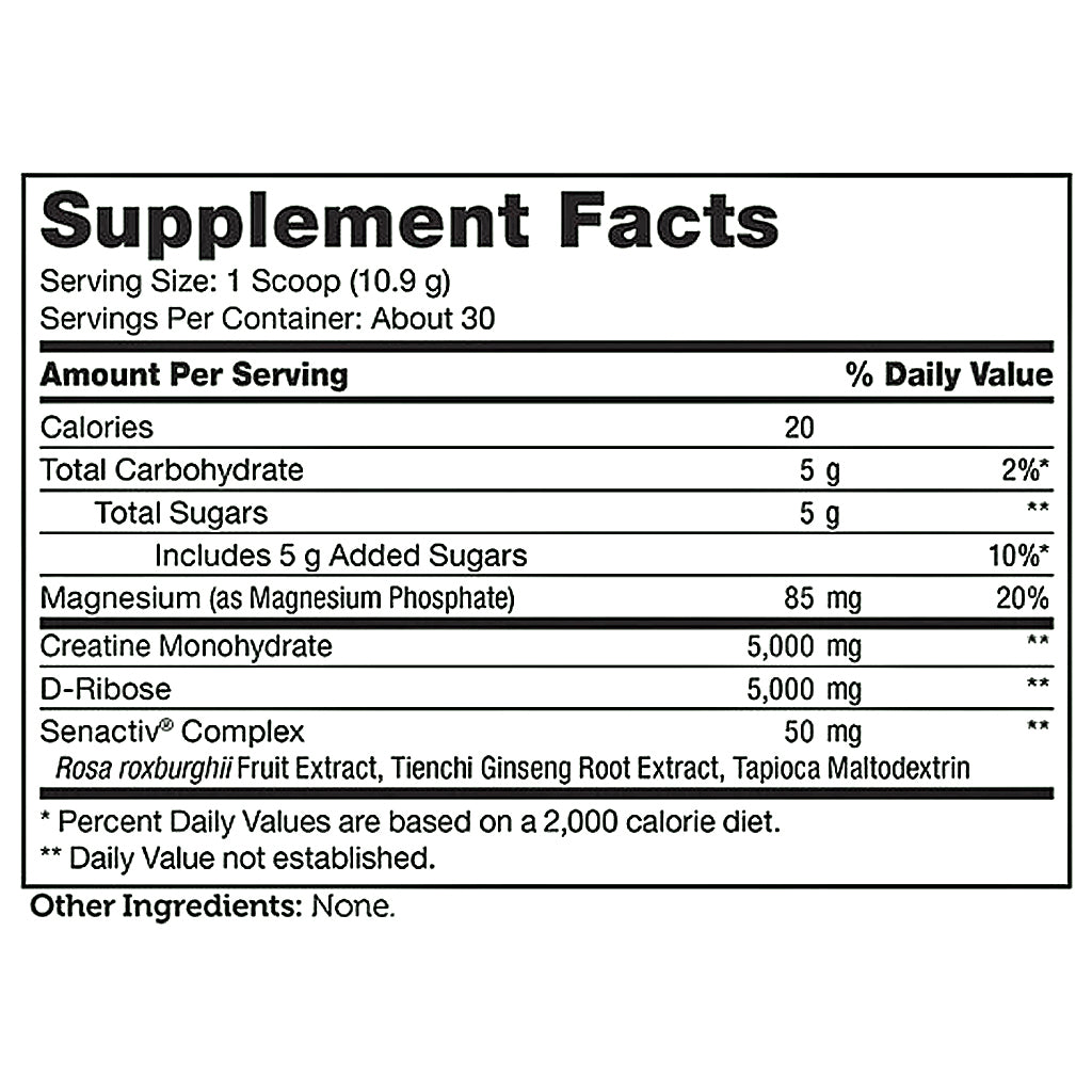 A Supplement Facts label showing nutrition information for a dietary supplement, including calories, total carbohydrate, sugars, magnesium, creatine monohydrate, D-ribose, and Senactiv Complex, with text stating Other Ingredients: None.