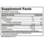 A Supplement Facts label showing nutrition information for a dietary supplement, including calories, total carbohydrate, sugars, magnesium, creatine monohydrate, D-ribose, and Senactiv Complex, with text stating Other Ingredients: None.
