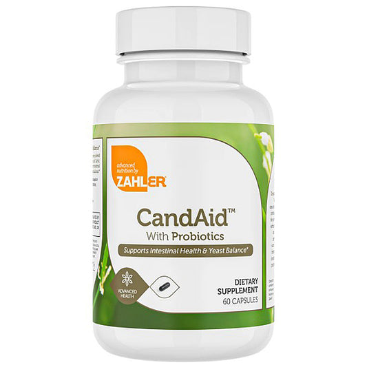 Supplement bottle labeled 'CandAid with Probiotics' by Zahler on a white background
