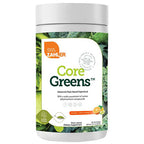 A white plastic bottle of Zahler Core Greens dietary supplement with a white cap, featuring a label with green leaf imagery and product text.
