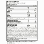 A black and white Supplement Facts label showing the nutrition facts for a scoop of Organic Gummies. The label lists serving size, calories, total carbohydrates, dietary fiber, protein, and various ingredients like Organic Tart, Organic Moringa Leaf Powder, and Organic Spirulina Whole Plant Powder, with % DV columns.