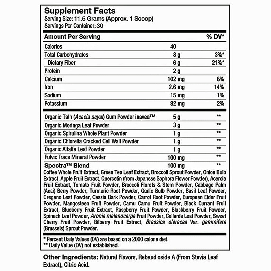 A black and white Supplement Facts label showing the nutrition facts for a scoop of Organic Gummies. The label lists serving size, calories, total carbohydrates, dietary fiber, protein, and various ingredients like Organic Tart, Organic Moringa Leaf Powder, and Organic Spirulina Whole Plant Powder, with % DV columns.