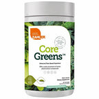 A white plastic bottle of Zahler Core Greens dietary supplement with a white cap, featuring a label with green leaf imagery and the brand name 'Zahler' in an orange badge.