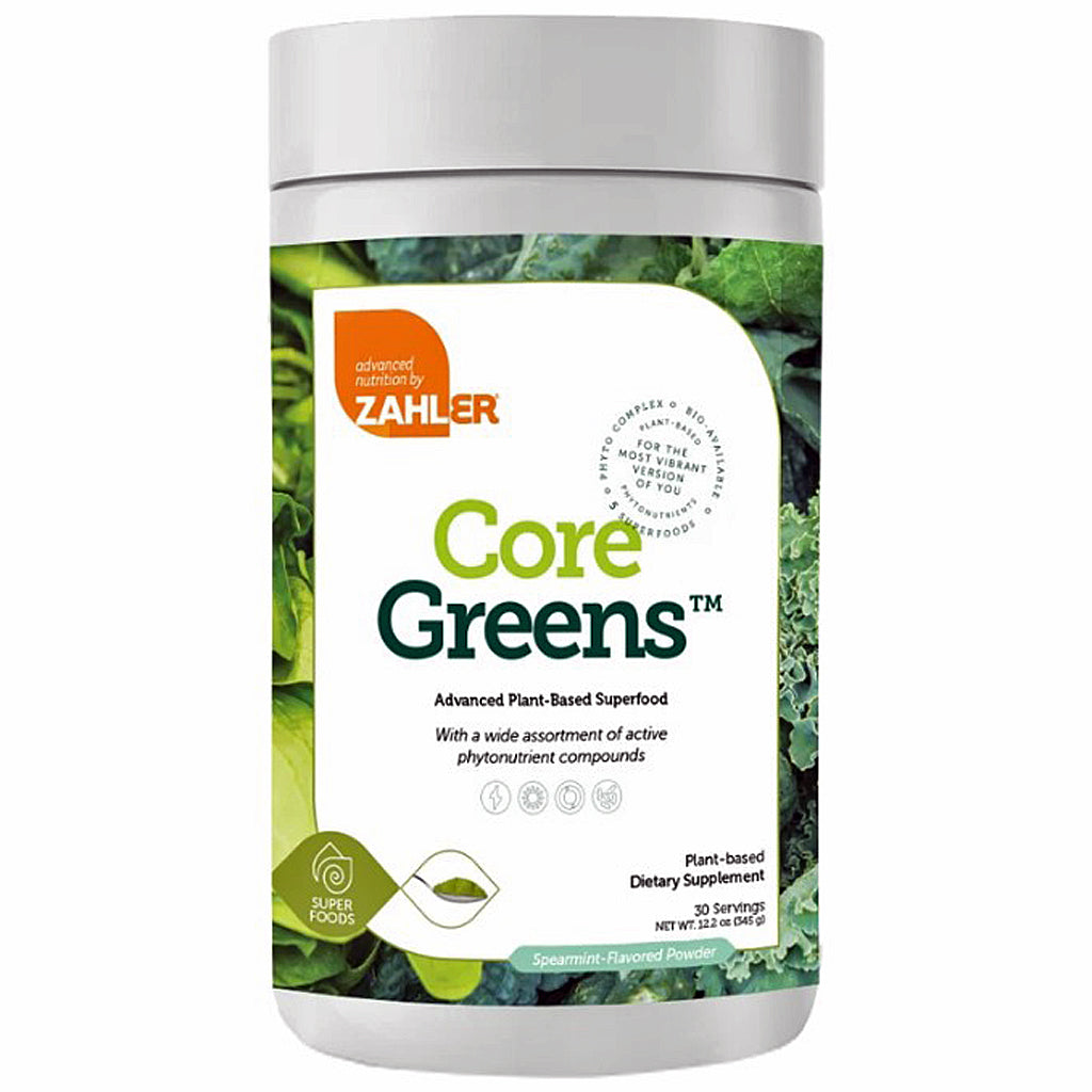 A white plastic bottle of Zahler Core Greens dietary supplement with a white cap, featuring a label with green leaf imagery and the brand name 'Zahler' in an orange badge.