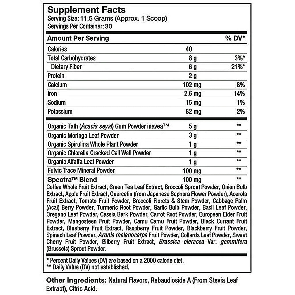 A black and white Supplement Facts label showing the nutrition facts for a scoop of Organic Gummies. The label lists serving size, calories, total carbohydrates, dietary fiber, protein, and various ingredients like Organic Tart, Organic Moringa Leaf Powder, and Organic Spirulina Whole Plant Powder, with % DV columns.