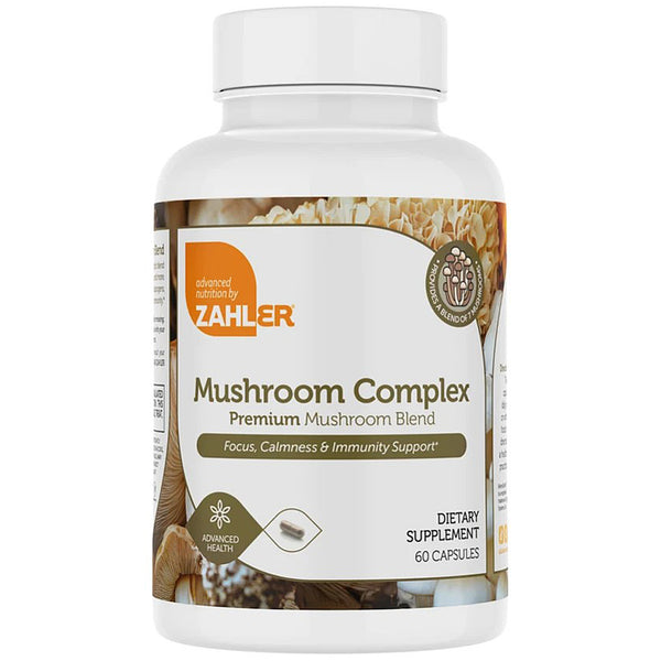 A white plastic bottle of Zahler Mushroom Complex dietary supplement, featuring a white label with brown and orange accents and a mushroom graphic.