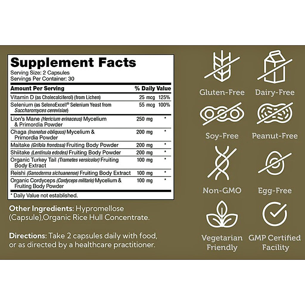 A supplement facts label with a white Supplement Facts panel on a brown background, accompanied by icons and text indicating gluten-free, dairy-free, soy-free, peanut-free, non-GMO, egg-free, vegetarian friendly, and GMP certified features.