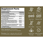 A supplement facts label with a white Supplement Facts panel on a brown background, accompanied by icons and text indicating gluten-free, dairy-free, soy-free, peanut-free, non-GMO, egg-free, vegetarian friendly, and GMP certified features.